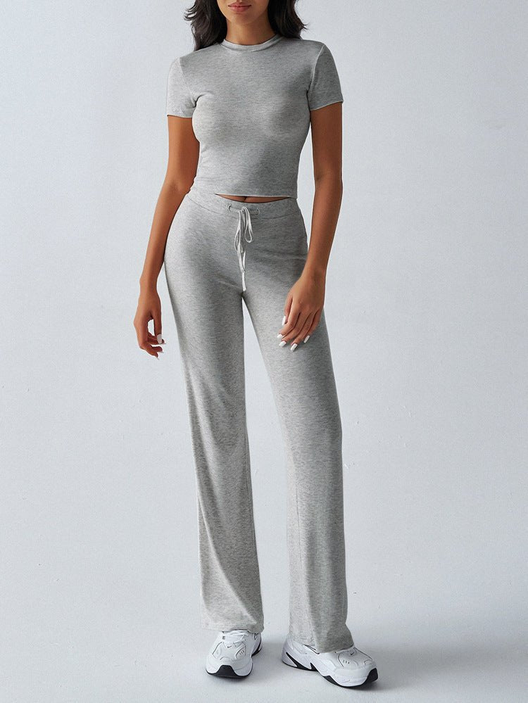 Crew Neck Short Sleeve Top & Full-Length Pants Set – Solid Color, 10 Colors - MANDOTOS INTERNATIONALTwo-Piece Set