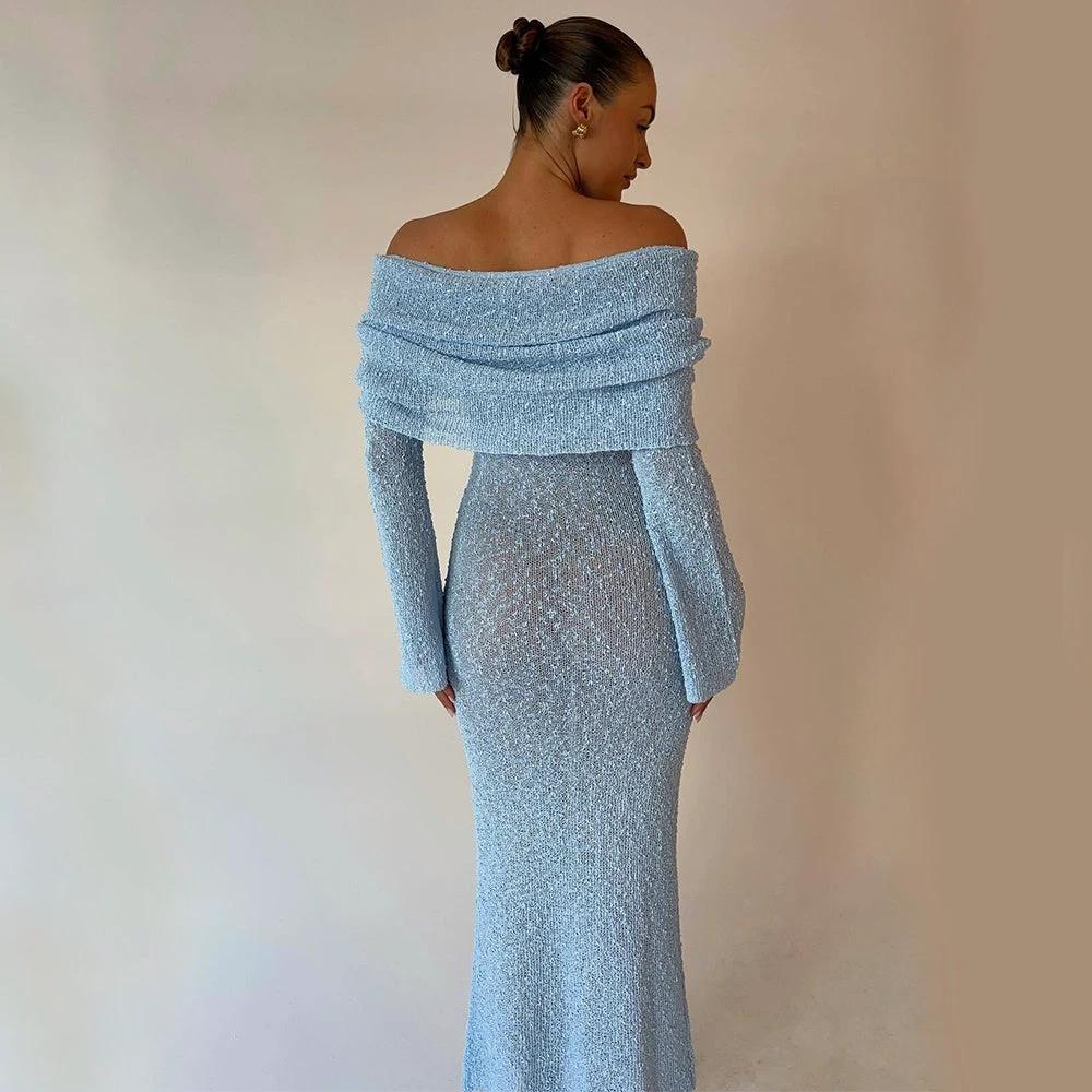 New One-shoulder Knitted Long-sleeved Dress Sexy Beach Holiday Long Dresses Womens Clothing MANDOTOS