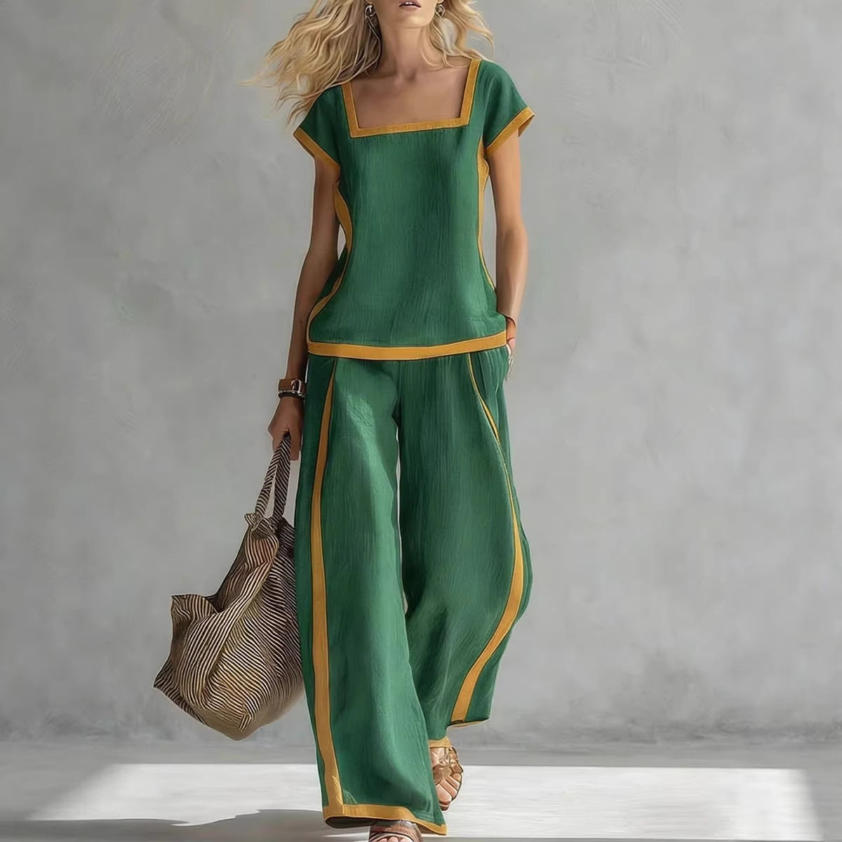 Square-Neck Three-Quarter Sleeve Loose Top & Pants Two-Piece Set - MANDOTOS INTERNATIONALTwo-Piece Set
