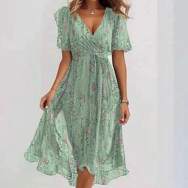 Chiffon Printed Short Sleeve Dress Summer Elegant V-neck Dresses Womens Clothing MANDOTOS