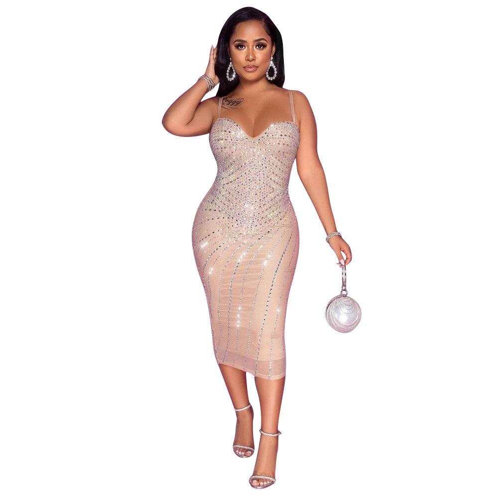 Women's Tight Braces Mesh Rhinestone Dress MANDOTOS