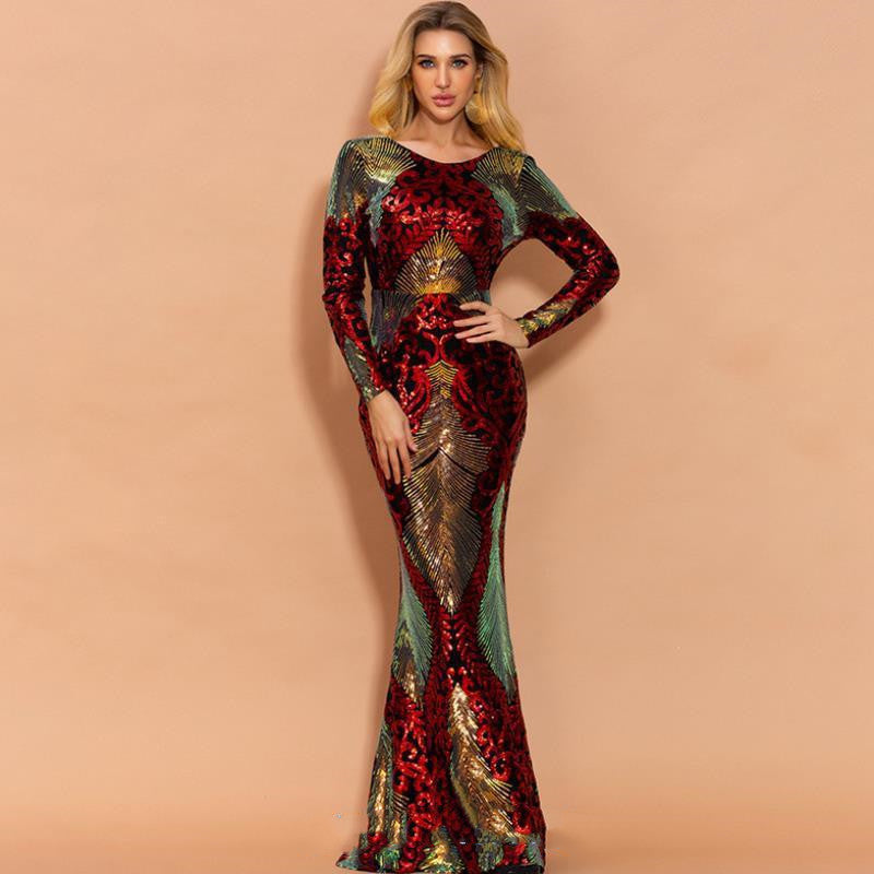 Long Sleeve Backless Sequin Dresses Female Maxi Multi Dress MANDOTOS