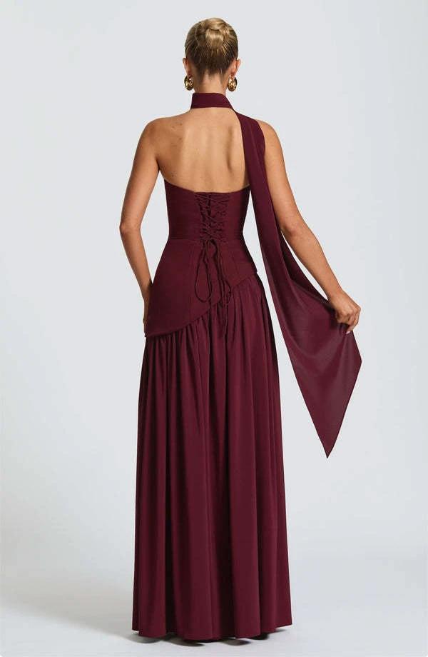 Cherry Lacquer Maliyah Maxi Dress with Chiffon Skirt & Scarf - MANDOTOS