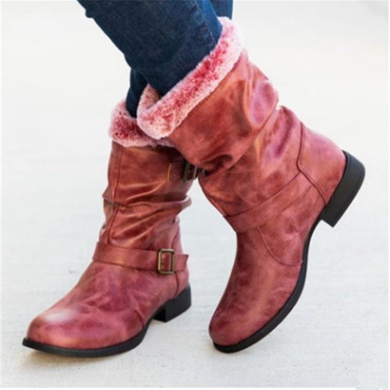 Women's pink suede snow boots with fluffy faux fur lining, buckle strap, mid-calf, black sole