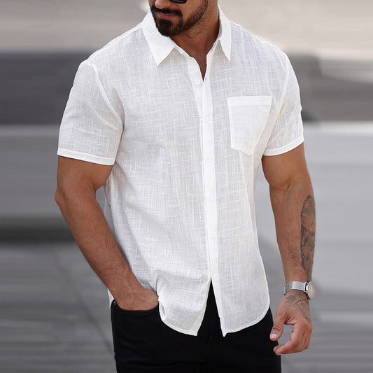 Men's short-sleeve white cotton shirt with chest pocket
