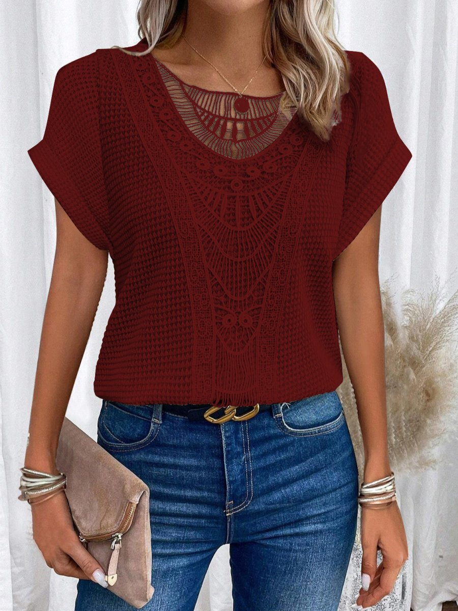 Women's burgundy hollow-out short-sleeve crochet top by Ancient Energy, boho ethnic lace.