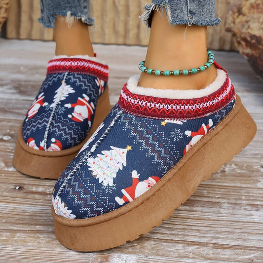 Mandotos Christmas Cartoon Print Plush Lined Slip On Navy Ankle Boots For Women Indoor Home Shoes - MANDOTOS