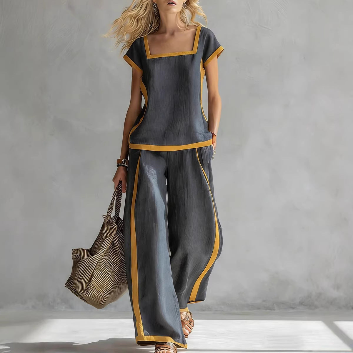 Square-Neck Three-Quarter Sleeve Loose Top & Pants Two-Piece Set - MANDOTOS INTERNATIONALTwo-Piece Set
