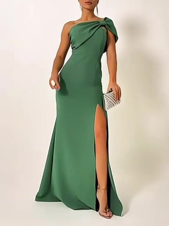 Green Bow Tube Top Evening Dress; one-shoulder design with thigh-high slit.