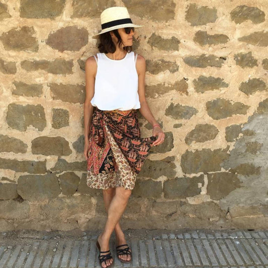 Darn Good Yarn Original Sari Wrap Skirt in warm tones, flowing maxi style, showcasing vibrant fabric and elegant wrap design.