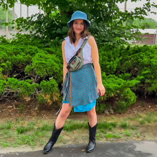 Reversible Sari Wrap Skirt by Darn Good Yarn, boho-style, eco-friendly yarn, crochet-knit, plus-size women's clothing from India.