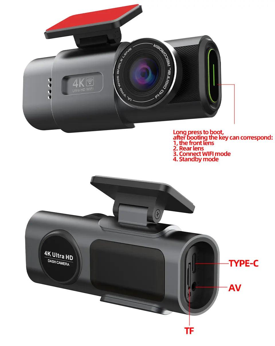 Dash Cam Dual Lens 4K UHD Recording Car Camera DVR Night Vision Video Recorder Built-In Wi-Fi Support GPS 24H Parking - MANDOTOS