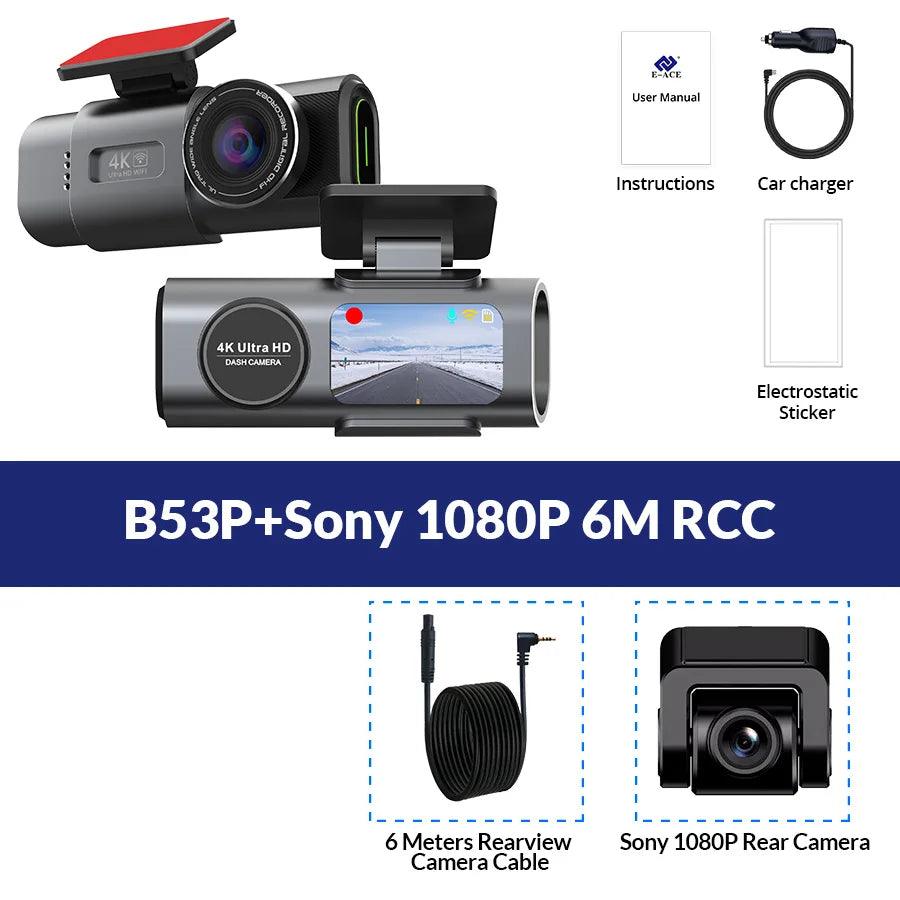 Dash Cam Dual Lens 4K UHD Recording Car Camera DVR Night Vision Video Recorder Built-In Wi-Fi Support GPS 24H Parking - MANDOTOS