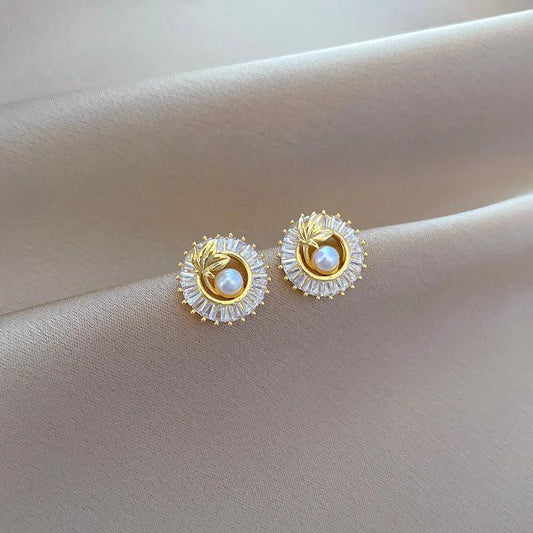 Fashion Jewelry Square Full Diamond Personalized Round Ring Leaves Necklace And Earrings Suite - MANDOTOS
