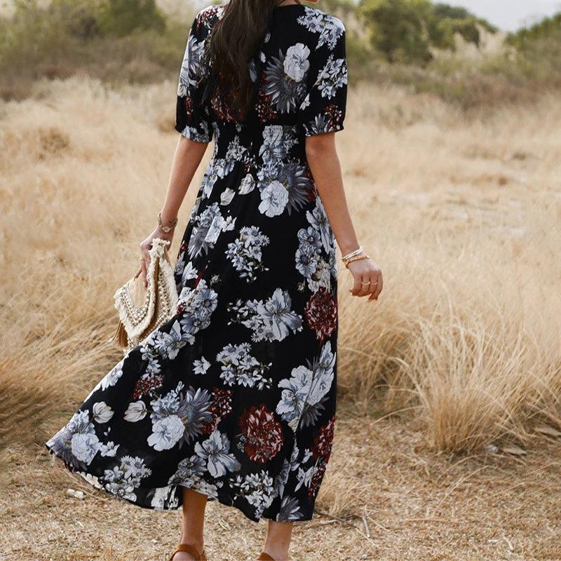 Floral Summer Beach Dress With V Neck Elastic Waist Dresses For Women MANDOTOS