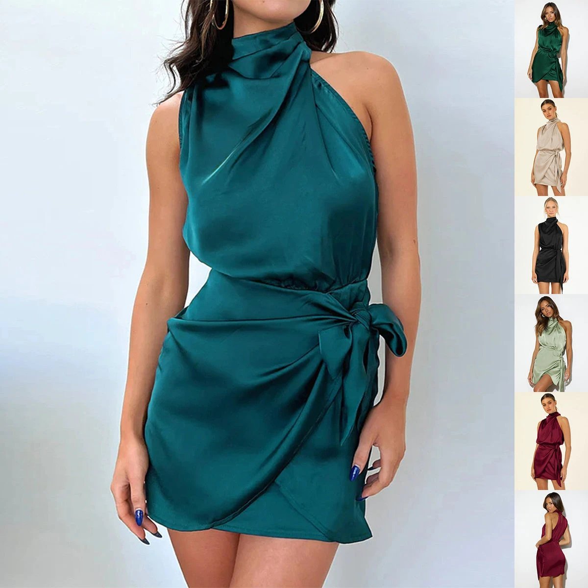 Elegant Halter Neck Dress Fashion Sleeveless Waist-tied Short Dresses For Evening Party Clothing Women MANDOTOS