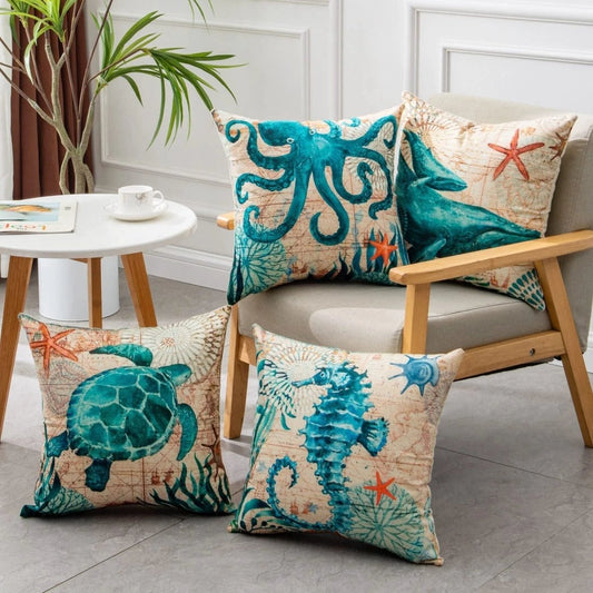 Mandotos Sea Turtle Printed Cushion Covers Linen Throw Pillow Cases For Home Decor Sofa Chair - MANDOTOS