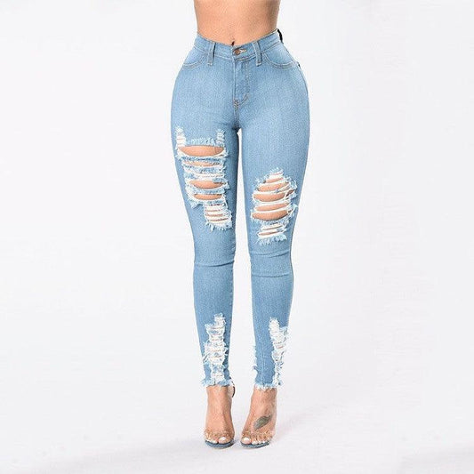 Denim Pencil Pants Slim Long Trousers Ripped Hole Stretch Feet Pants Female - MANDOTOS