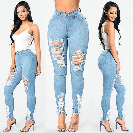 Denim Pencil Pants Slim Long Trousers Ripped Hole Stretch Feet Pants Female - MANDOTOS
