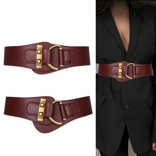 MANDOTOS Designer Women Waist Cummerbund Belt Burgundy Leather With Gold Buckle Wide Stretch - MANDOTOS
