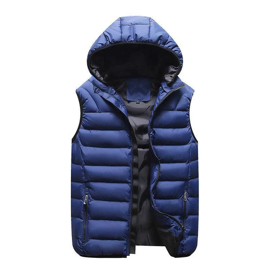 MANDOTOS Down Cotton Vest Jacket With Velvet Warmth Sleeveless Puffer Vest Blue Hooded Winter Outerwear - MANDOTOS