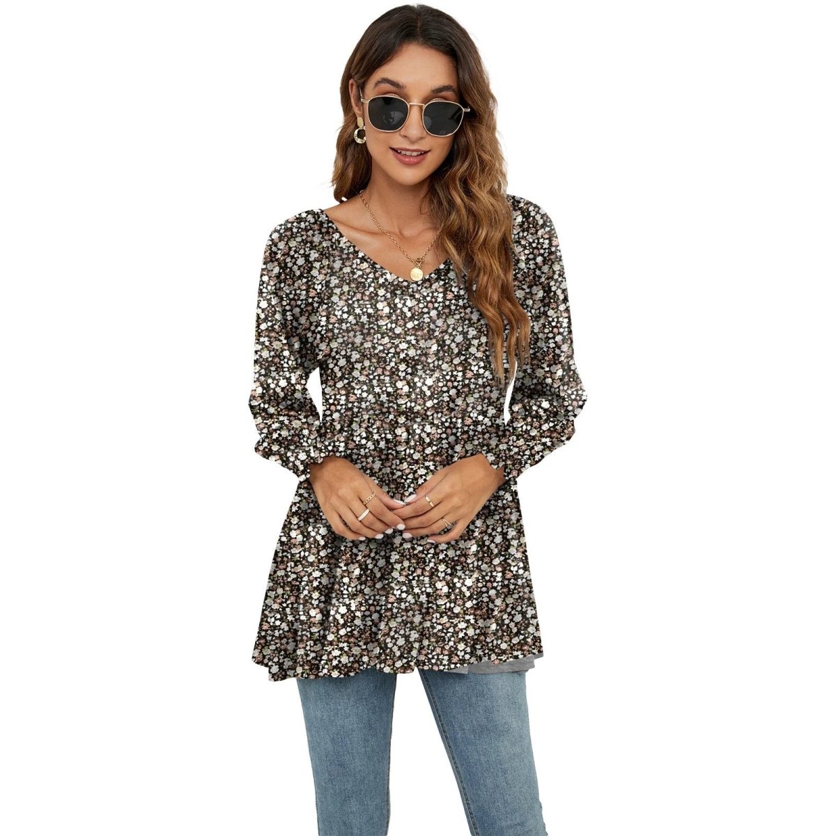 Long Puff Sleeve Tops Women Flowers Print Casual V - Neck Blouse T-Shirts Babydoll Tops - MANDOTOS INTERNATIONAL0