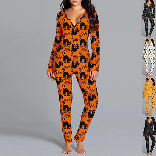 Halloween Printed Jumpsuit - Long Sleeve Home Pajamas - MANDOTOS