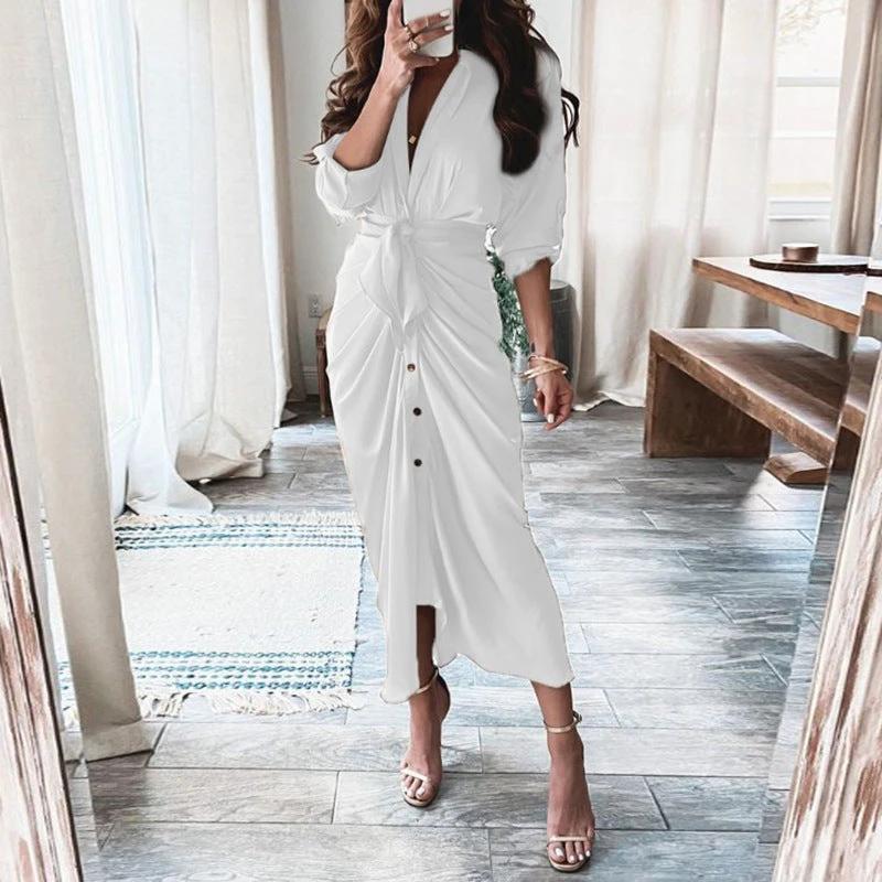 Mandotos European And American Print Long Sleeve Laceup Button Front Shirt Dress - MANDOTOS