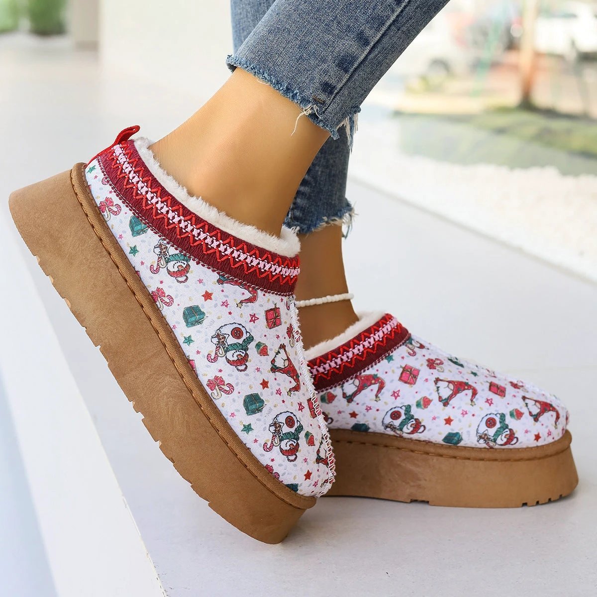 Mandotos Christmas Cartoon Print Plush Lined Slip On Navy Ankle Boots For Women Indoor Home Shoes - MANDOTOS