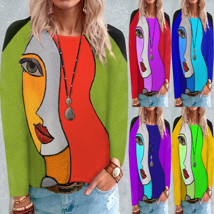 Stylish Face Print Long Sleeve Tee