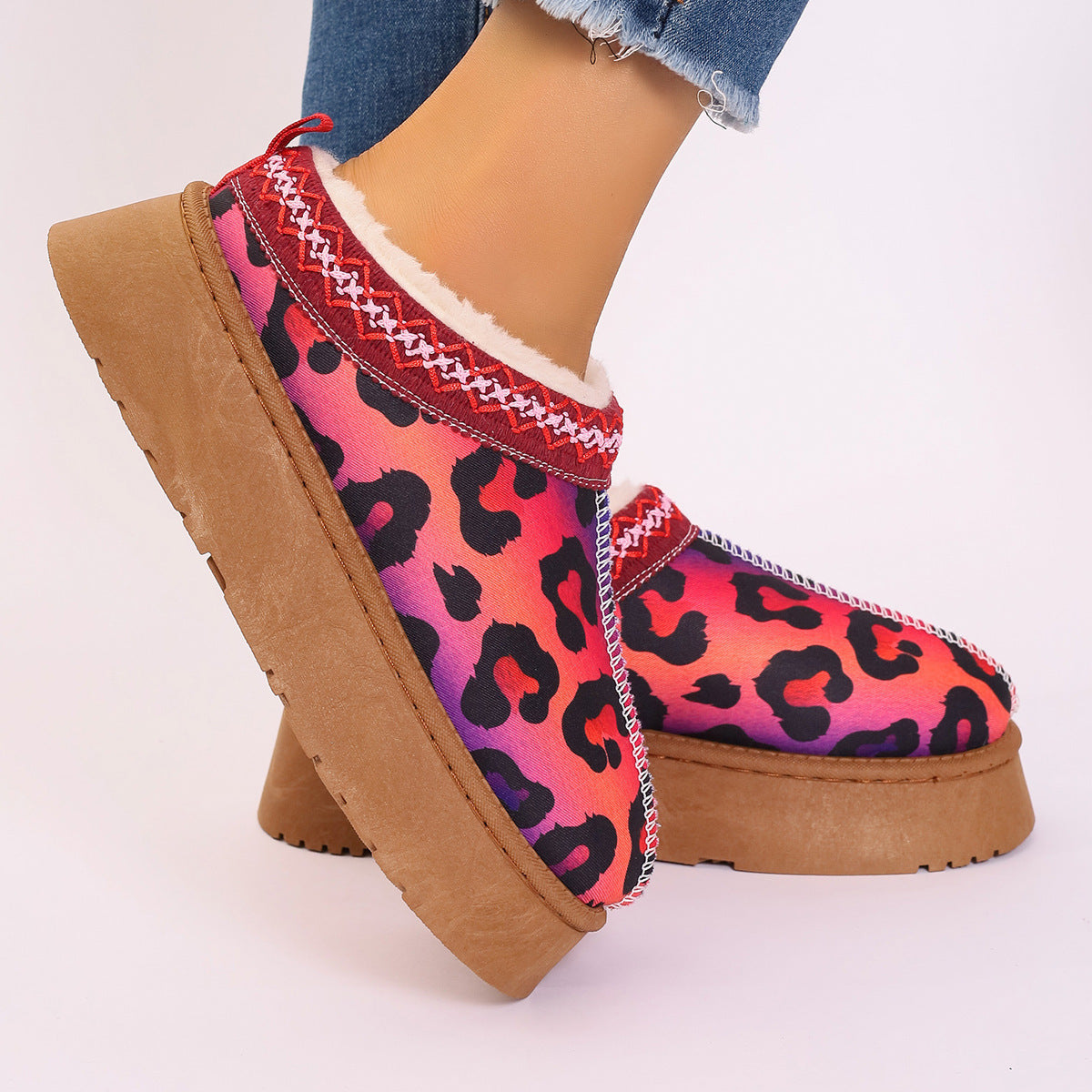 Women's Cartoon Christmas Print Ankle Boots Casual Slip On Plush Lined Home Shoes Comfortable Winter Short Boots - MANDOTOS