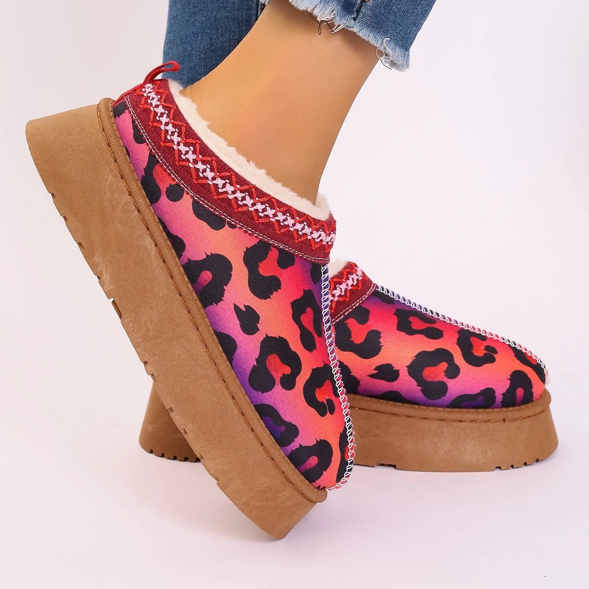 Mandotos Christmas Cartoon Print Plush Lined Slip On Navy Ankle Boots For Women Indoor Home Shoes - MANDOTOS