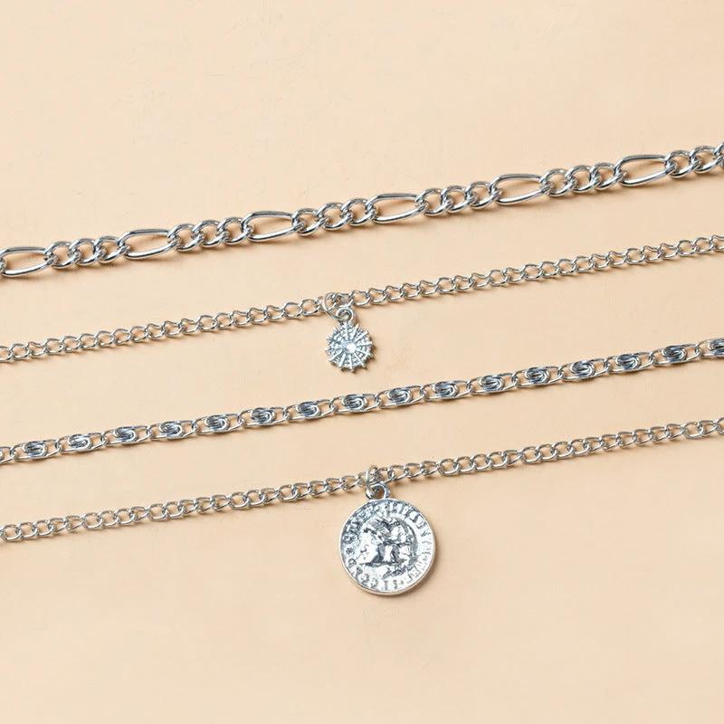 Mandotos Chunky Gold Layered Necklace With Coin Pendant And Sun Charm For Women - MANDOTOS