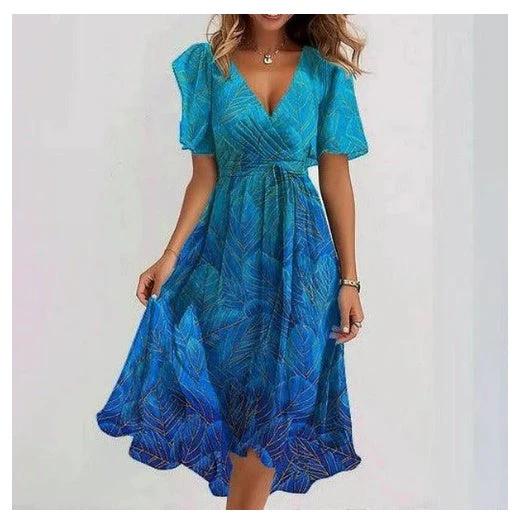 Chiffon Printed Short Sleeve Dress Summer Elegant V-neck Dresses Womens Clothing MANDOTOS