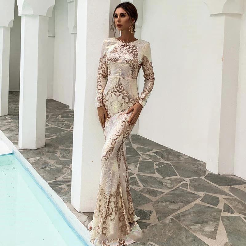 Long Sleeve Backless Sequin Dresses Female Maxi Multi Dress MANDOTOS