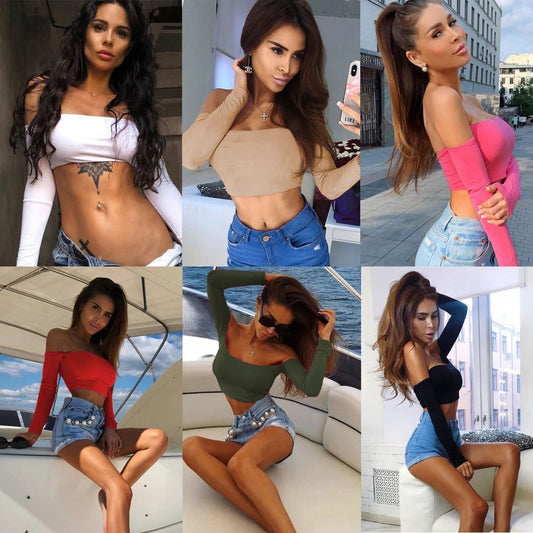 Sexy Navel Long Sleeve Crop Top Off Shoulder Ladies Blouse - MANDOTOS INTERNATIONAL0