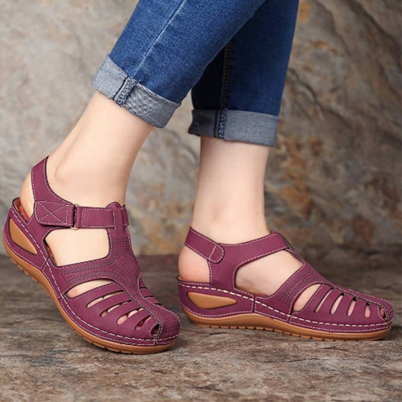 Women's Plus Size Retro Wedge Sandals, burgundy, round-toe design