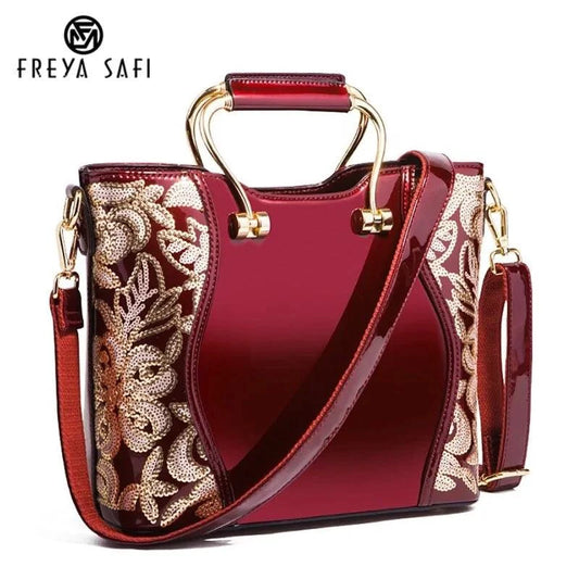 Mandotos Elegant Floral Leather Tote Burgundy Embroidered With Crossbody Strap Detail - MANDOTOS