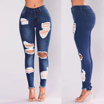 Europe and The United States New Fashion Elastic Ripped Pencil Jeans, Women's Spring and Autumn Slim-fit Small Leg Pants Jeans - MANDOTOS