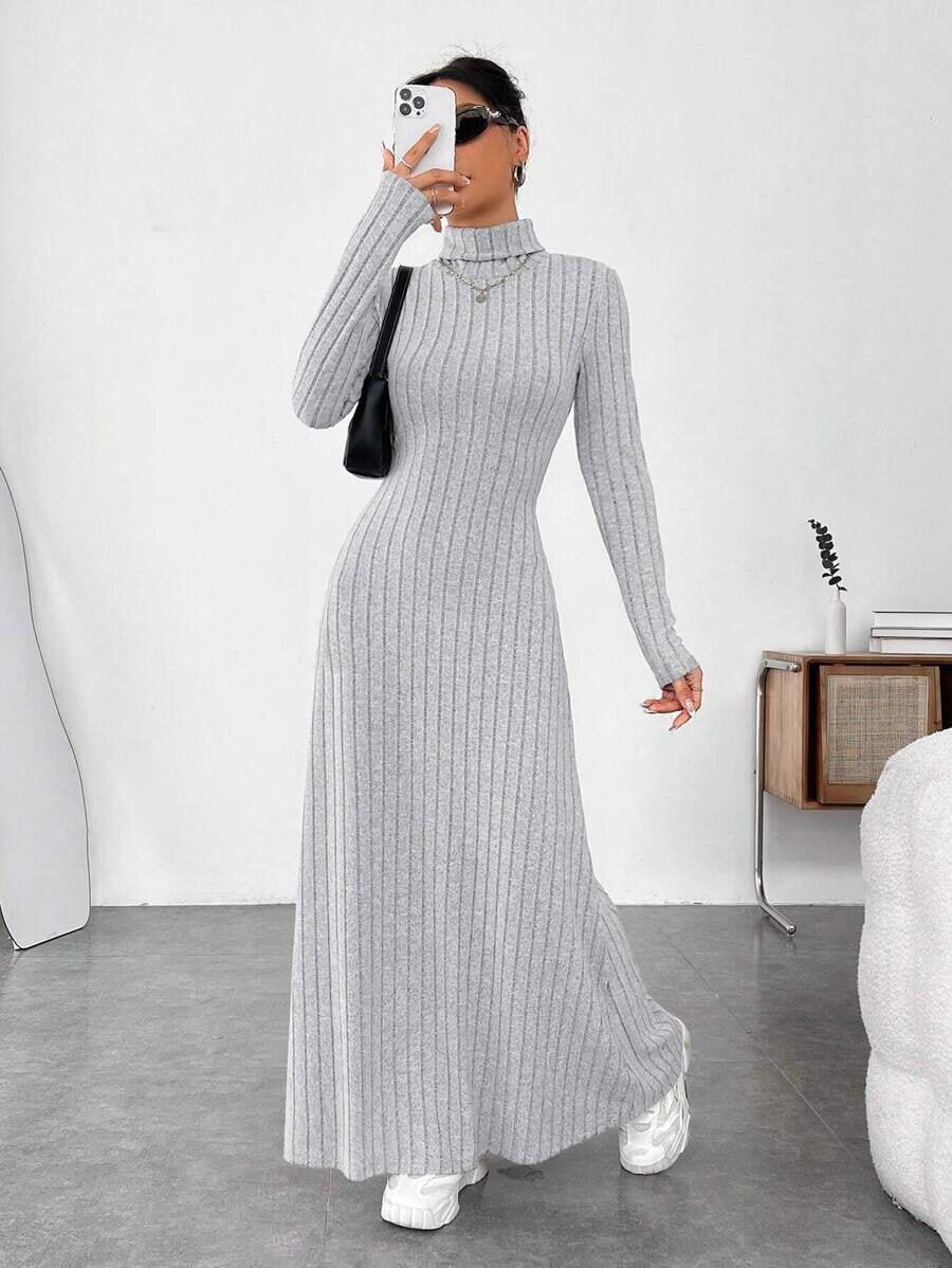 European and American Cross-Border Autumn and Winter Women's Clothing, Slim-Fitting High Collar, Fashionable Solid Color Pit Strip Brushed Long-Sleeved Dress for Women - MANDOTOS INTERNATIONAL