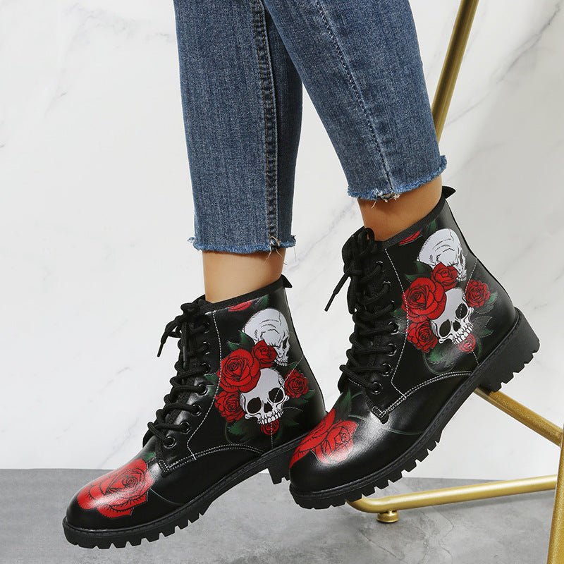 Workwear boots pair Ancient Energy black high-top with skull and red rose print