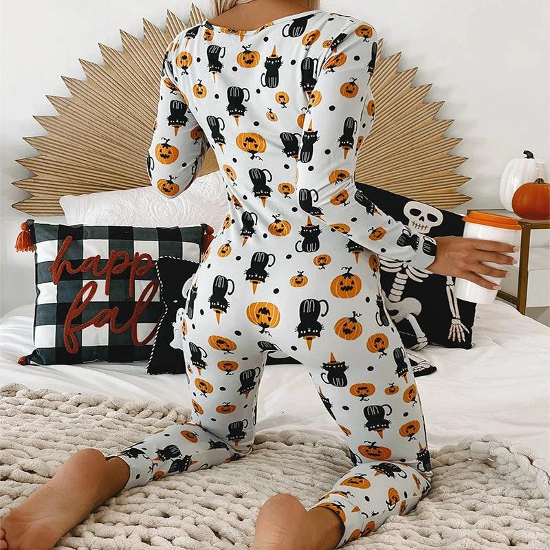 Halloween Printed Jumpsuit - Long Sleeve Home Pajamas - MANDOTOS
