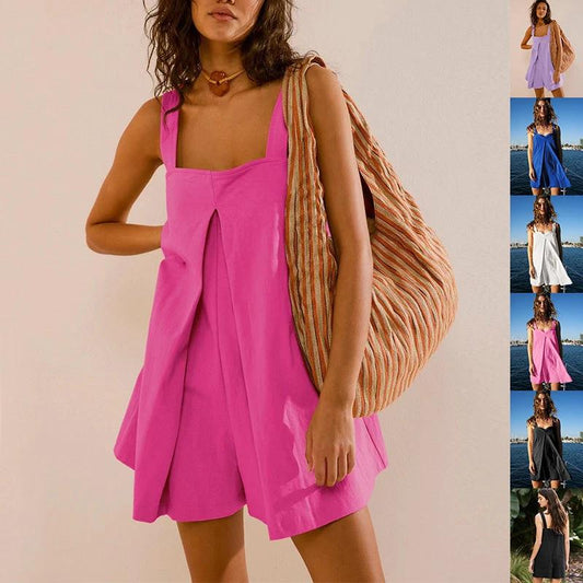 Square Collar Jumpsuit - Summer Shorts Suspender Skirt - MANDOTOS