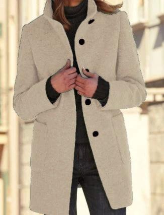 Fashion Stand Collar Woolen Coat With Pockets Fall Winter Casual Button Outwear For Women Clothing - MANDOTOS
