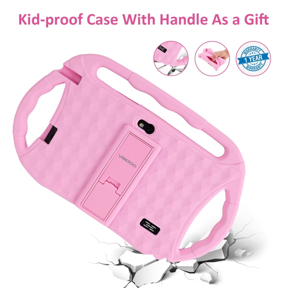 Pink kid-proof tablet case with handle for 7-inch tablet