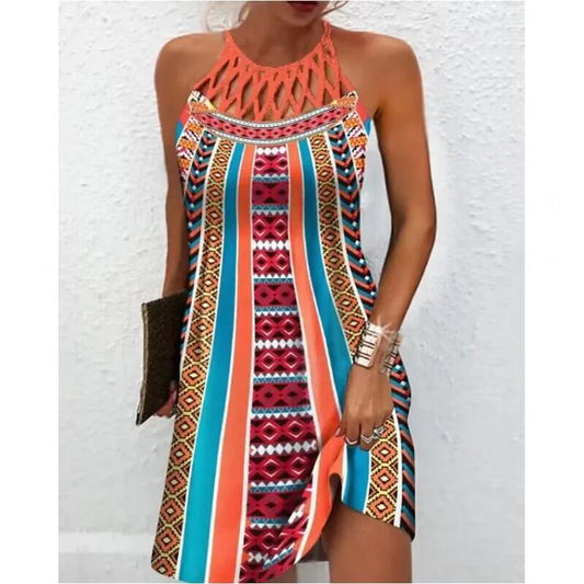 Fashion Print Dress Casual Halterneck Dresses For Women Summer Clothes MANDOTOS