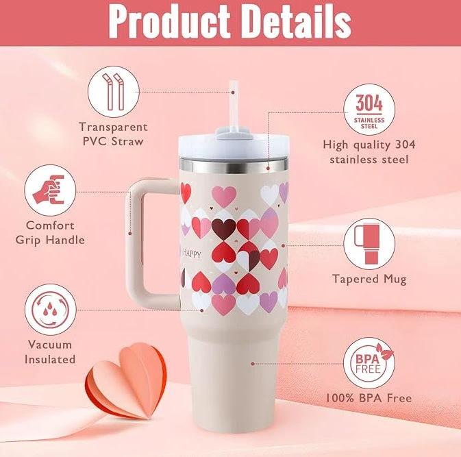 40 Oz Tumbler With Handle Straw Insulated, Stainless Steel Spill Proof Vacuum Coffee Cup Tumbler With Lid Tapered Mug Gifts For Valentine Lover Suitable For Car Gym Office Travel - MANDOTOS