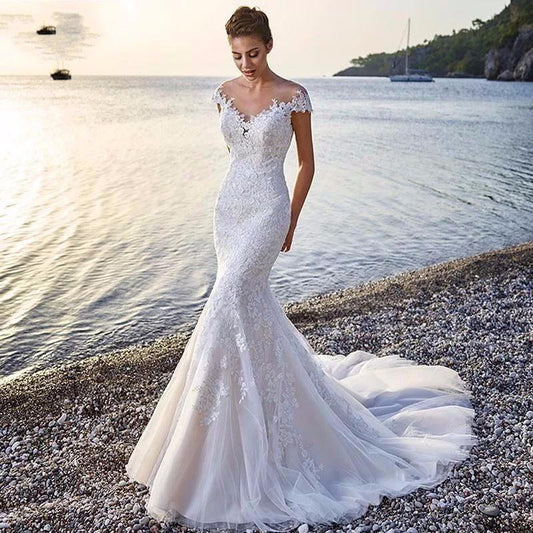 Princess Bride Mermaid Wedding Dress - White Trailing Backless Lace Gown MANDOTOS