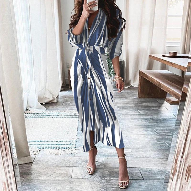 Mandotos European And American Print Long Sleeve Laceup Button Front Shirt Dress - MANDOTOS