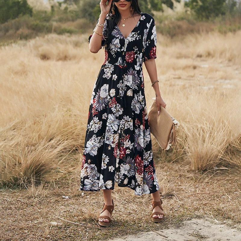 Floral Summer Beach Dress With V Neck Elastic Waist Dresses For Women MANDOTOS